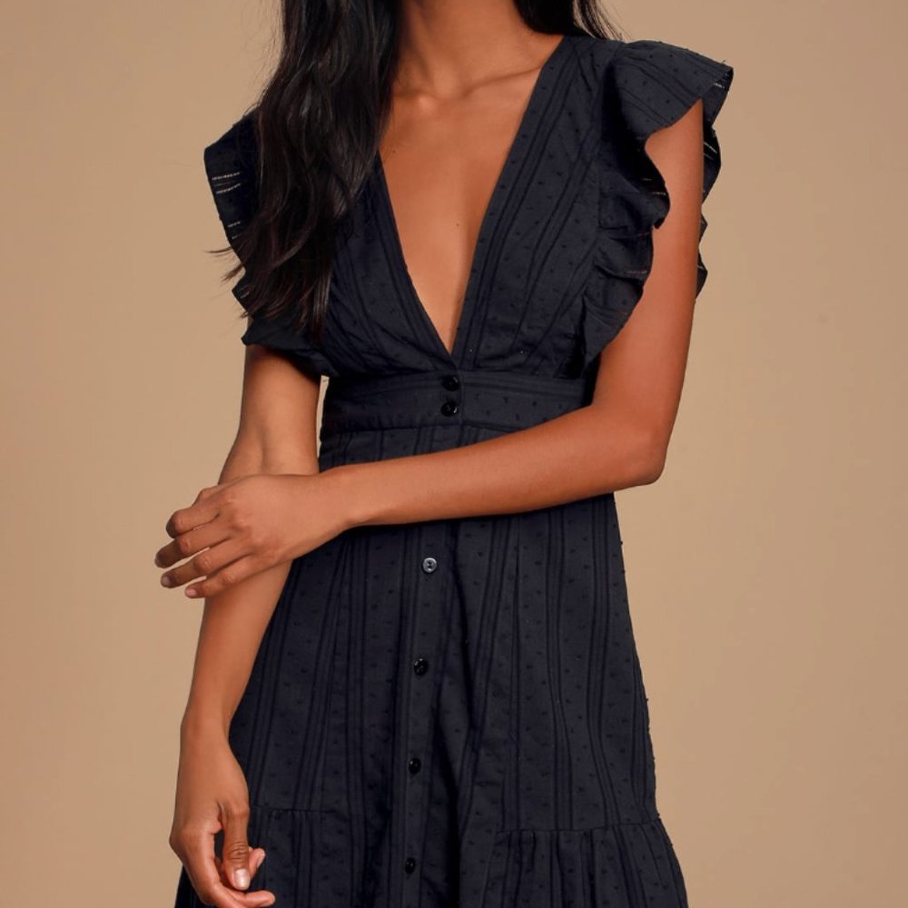 Daydreaming Of You Black Swiss Dot Button-Front Mini Dress Size Small